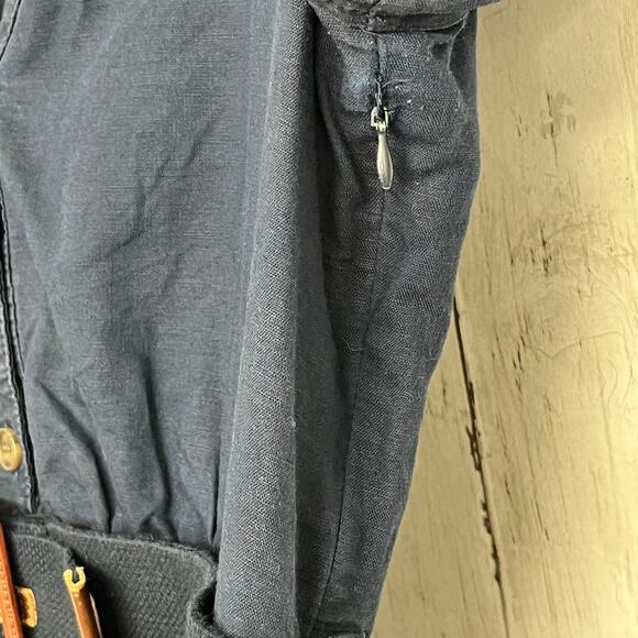 Mango Linen Navy Blue Short Sleeve V Neck Belted Knee Length Preppy Money Dress - Picture 7 of 11